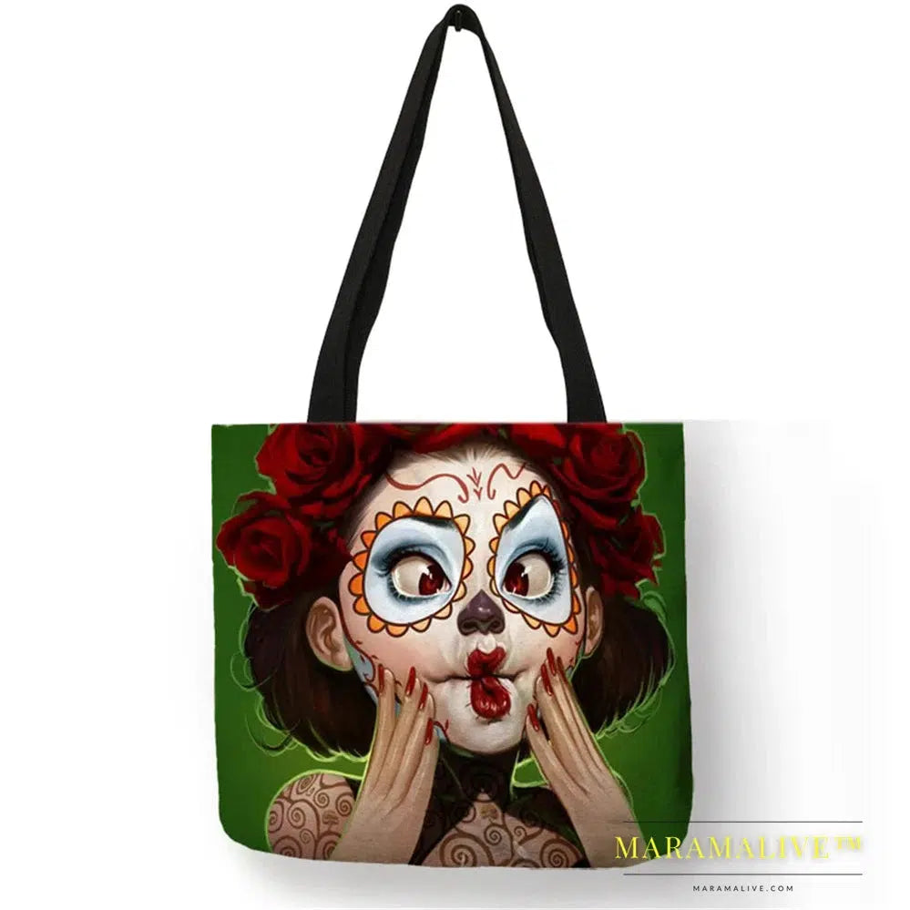 Unique Sugar Skull Print Tote Bags For Women Traveling Shopping Bags Large Capacity Foldable Lady Printed Handbags