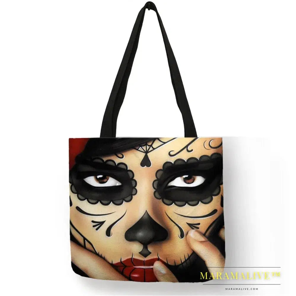 Unique Sugar Skull Print Tote Bags For Women Traveling Shopping Bags Large Capacity Foldable Lady Printed Handbags