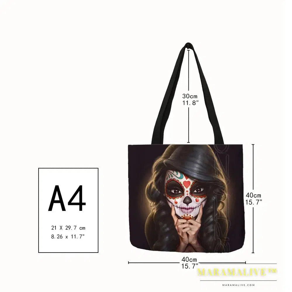 Unique Sugar Skull Print Tote Bags For Women Traveling Shopping Bags Large Capacity Foldable Lady Printed Handbags