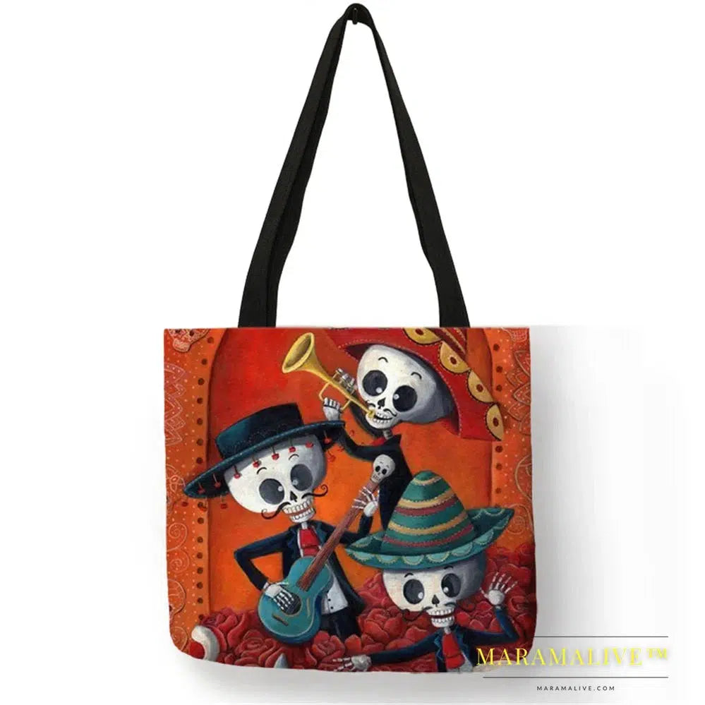 Unique Sugar Skull Print Tote Bags For Women Traveling Shopping Bags Large Capacity Foldable Lady Printed Handbags