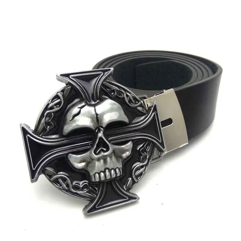 Unique Trendy Black Hip Waist Belt for Men with Punk Rock Skull Cross Metal Buckle