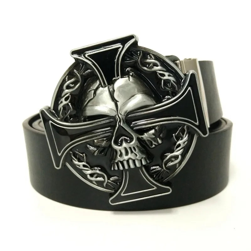 Unique Trendy Black Hip Waist Belt for Men with Punk Rock Skull Cross Metal Buckle