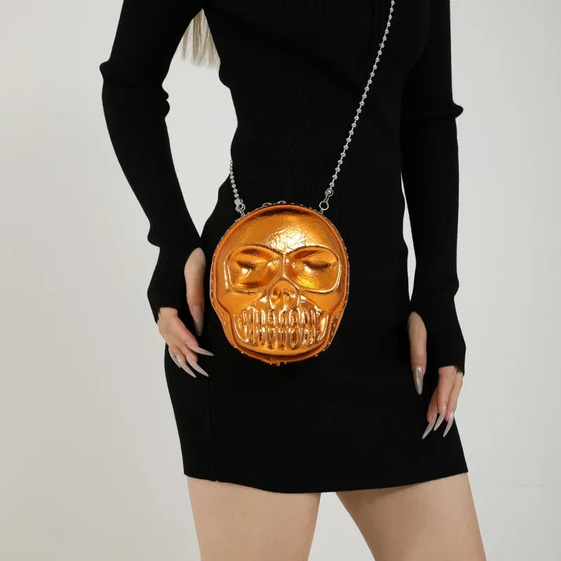 Creative Skeleton Chain Bag Large Capacity PU Shoulder Bags Halloween Skull Head Novelty Crossbody Bags Solid Color Sling Purses