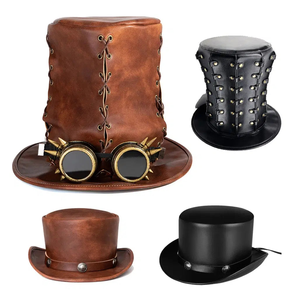 Unique Vintage Steampunk Leather Top Hat with Gothic Rave Nightclub Appeal