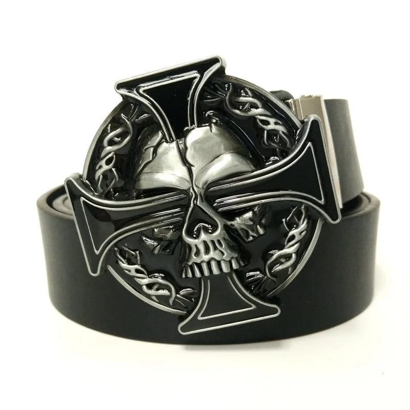 Western Cowboy Skull Cross Big Metal Buckle DIY Mens Black PU Leather Belts For Men Jeans Cool Punk Rock Boys Belt Accessories