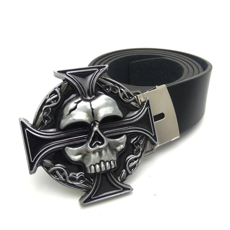 Western Cowboy Skull Cross Big Metal Buckle DIY Mens Black PU Leather Belts For Men Jeans Cool Punk Rock Boys Belt Accessories