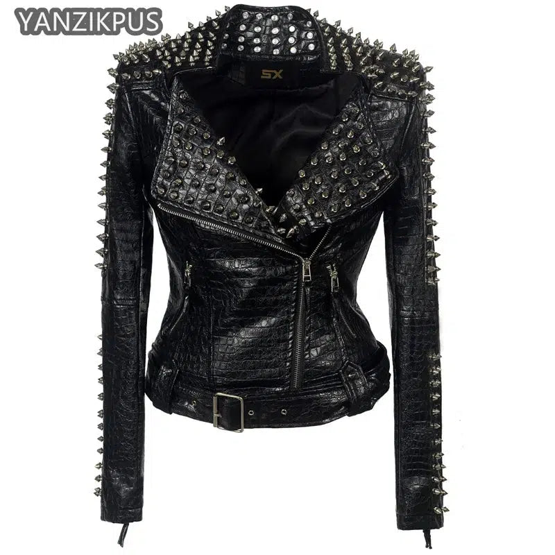 Steampunk Rock Rivet Women's Leather Jacket Slim Short Streetwear Gothic Embroidery PU Leather Locomotive Coat Femme