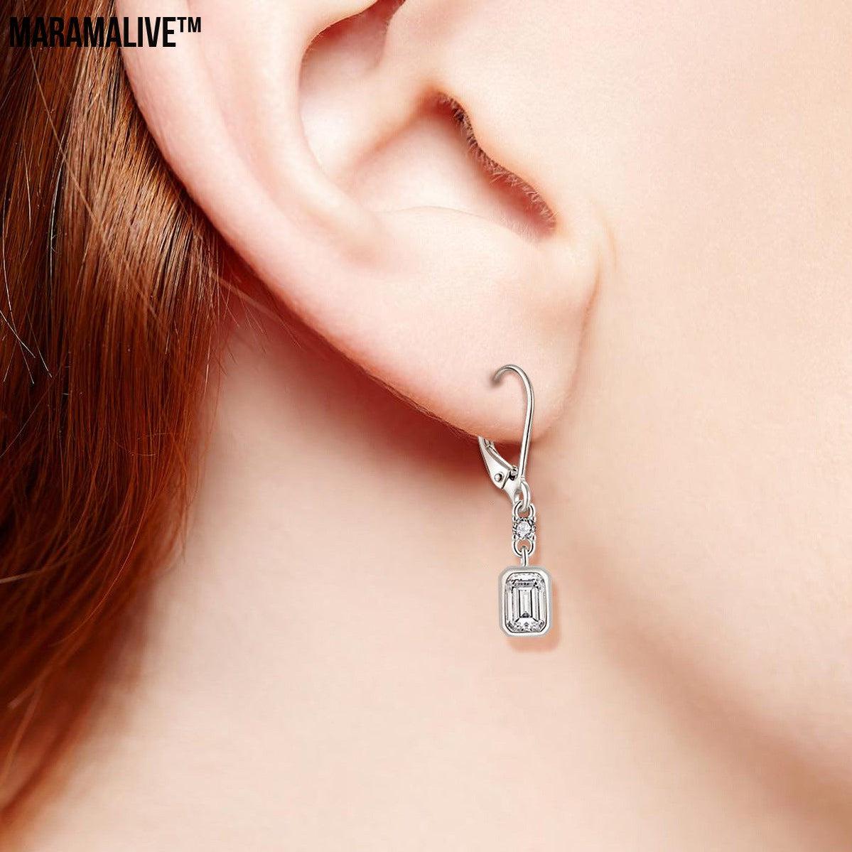 Unusual Stunning Rectangular Zircon Earrings Ear Hook S925 Silver