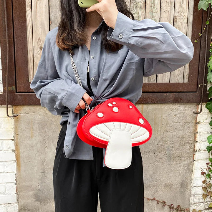 Unusual Trendy Mushroom Shaped Cartoon PU Messenger Bag - Unique Cute Chain Shoulder Gift