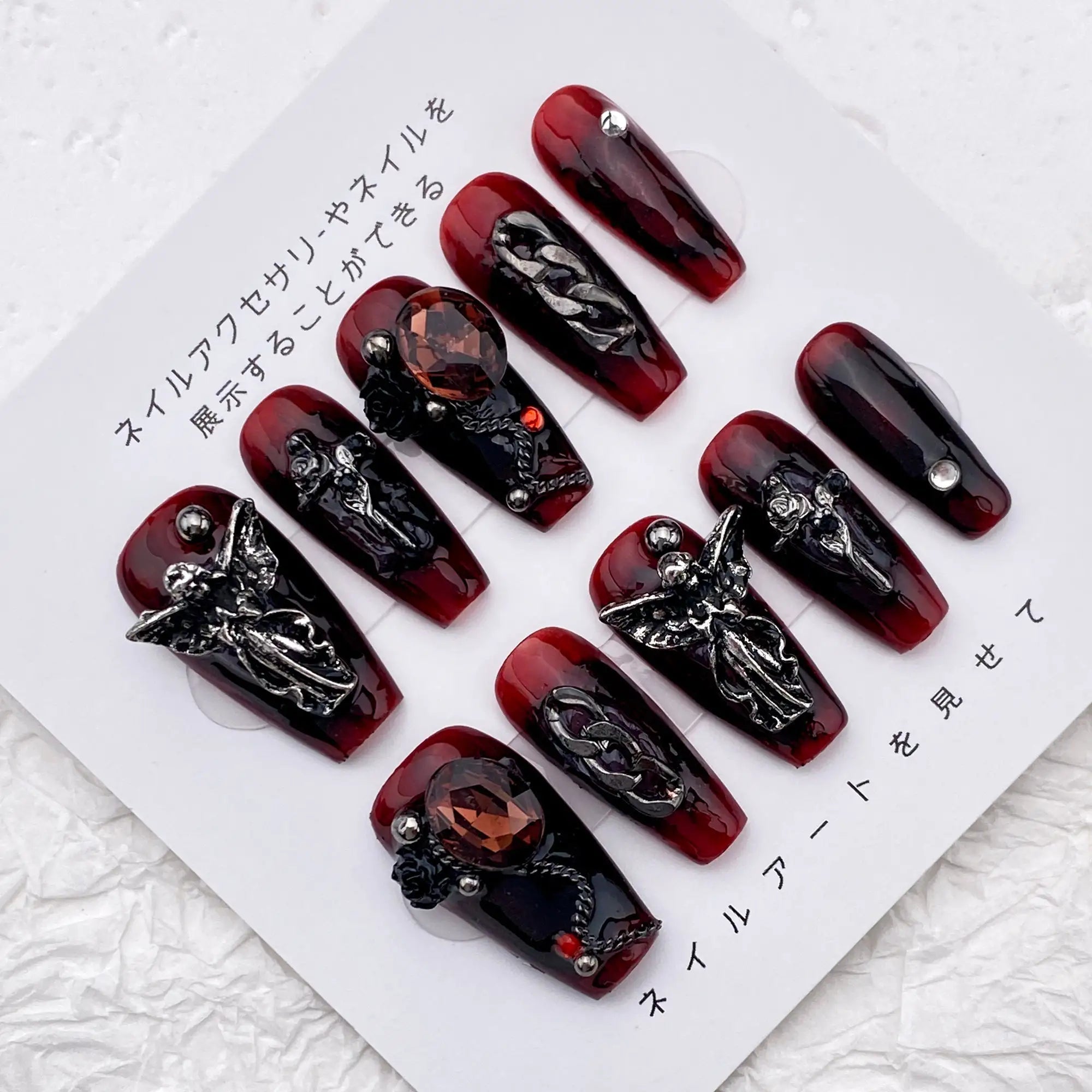 Unusual Vintage Angel Gothic Handmade Press-On Nails - Burgundy and Black Coffin Steampunk Style