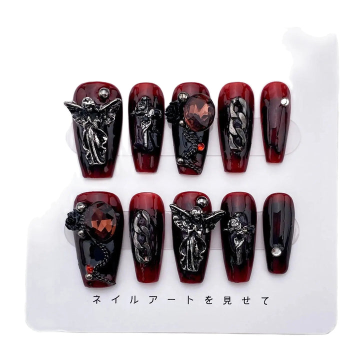 Unusual Vintage Angel Gothic Handmade Press-On Nails - Burgundy and Black Coffin Steampunk Style