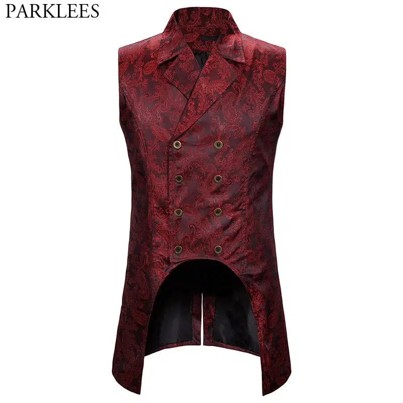 Wine Red Paisley Jacquard Long Vest Men Double Breasted Lapel Brocade Vest Waistcoat Mens Gothic Steampunk Sleeveless Tailcoat