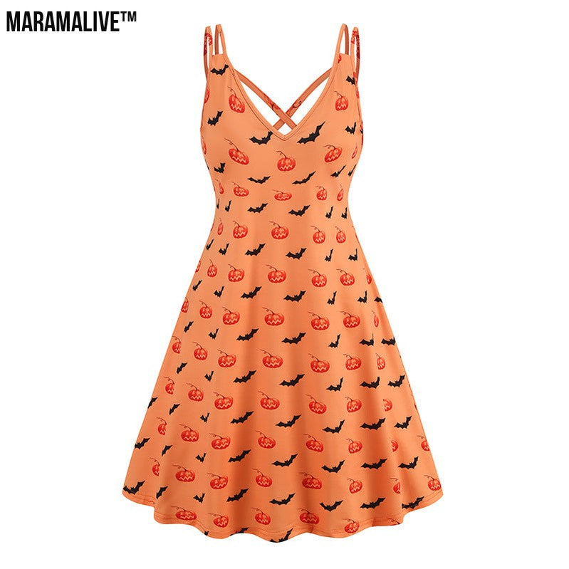 V-neck Strap Halloween Printed Pumpkin Flowers Bat Gothic Dress