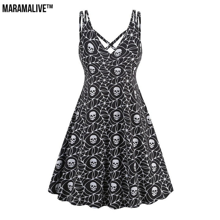 V-neck Strap Halloween Printed Pumpkin Flowers Bat Gothic Dress