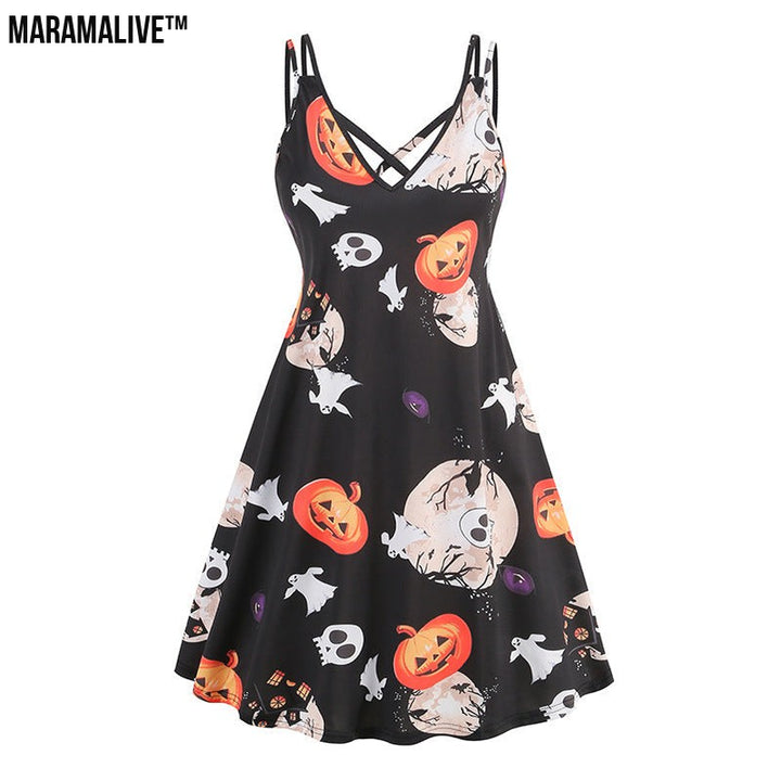 V-neck Strap Halloween Printed Pumpkin Flowers Bat Gothic Dress