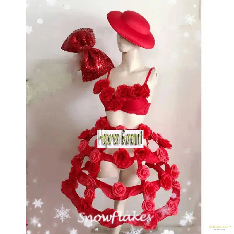 Valentine's Day Red Rose Flower Hollow Out Tiered Skirt With Hat,Adult Party Bird Cage Layered Dress Sexy Costumes For Lover