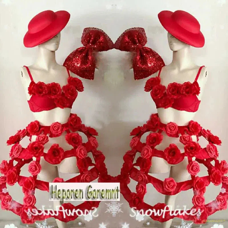 Valentine's Day Red Rose Flower Hollow Out Tiered Skirt With Hat,Adult Party Bird Cage Layered Dress Sexy Costumes For Lover