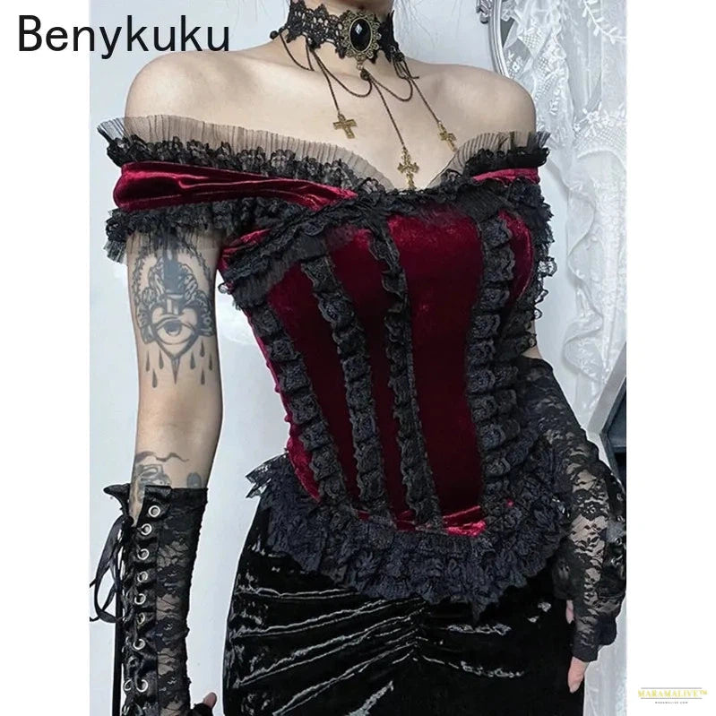 Velvet Lace Trim Cropped Top Women Mall Goth Aesthetic Grunge T Shirt Corset Tank Top Gothic E-girl Emo Streetwear