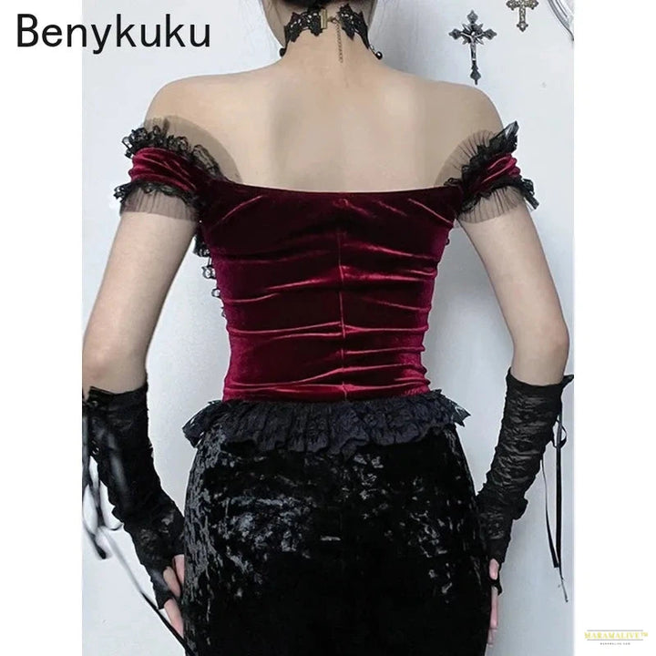 Velvet Lace Trim Cropped Top Women Mall Goth Aesthetic Grunge T Shirt Corset Tank Top Gothic E-girl Emo Streetwear