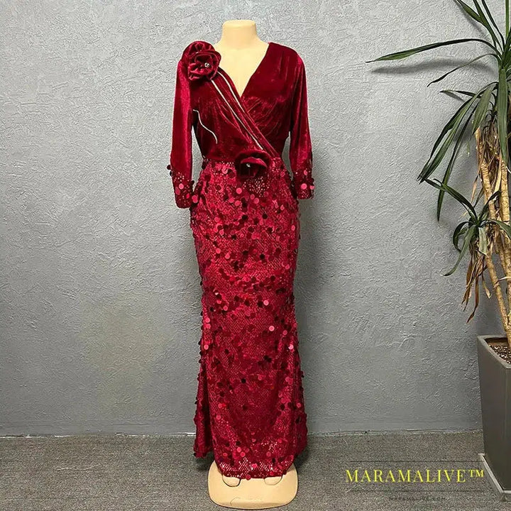 Velvet Long Luxury Evening Dresses For Women Fashion Autumn Winter V Neck Sexy Bodycon Sequins Party Dress Vestidos