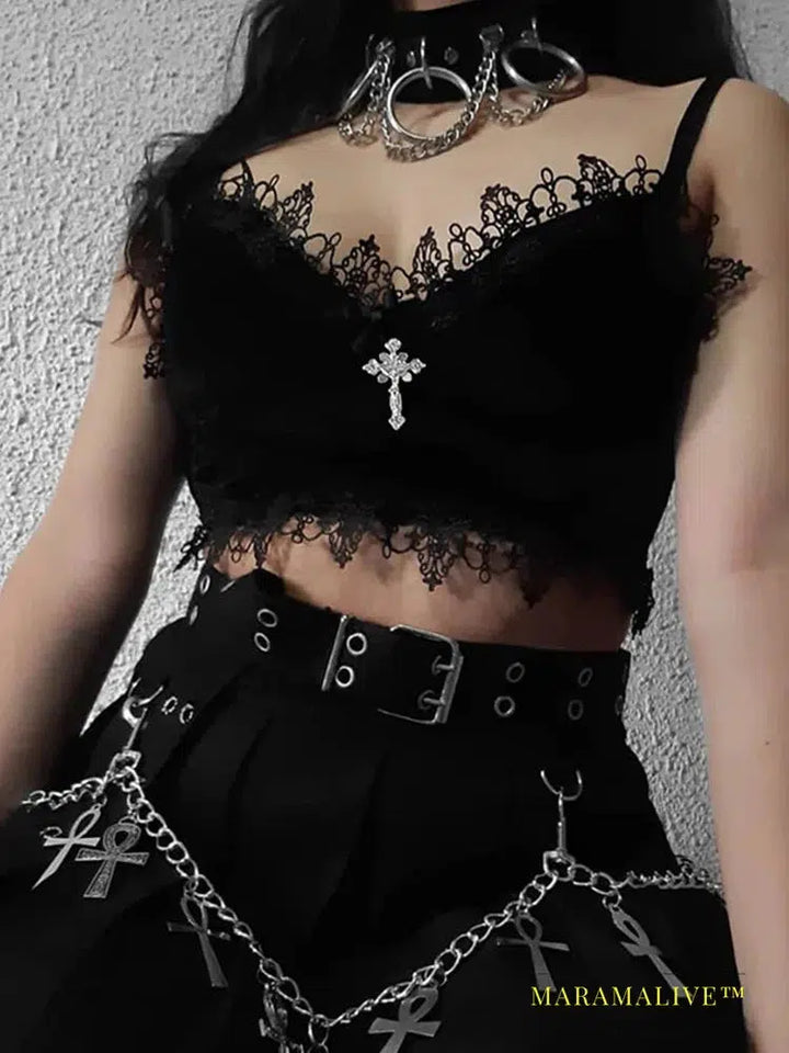 Velvet Y2K Mall Goth Crop Tops Black Lace Trim Emo Alternative Aesthetic Crop Tops Women Backless Sexy Strap Tanks