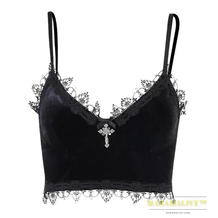 Velvet Y2K Mall Goth Crop Tops Black Lace Trim Emo Alternative Aesthetic Crop Tops Women Backless Sexy Strap Tanks