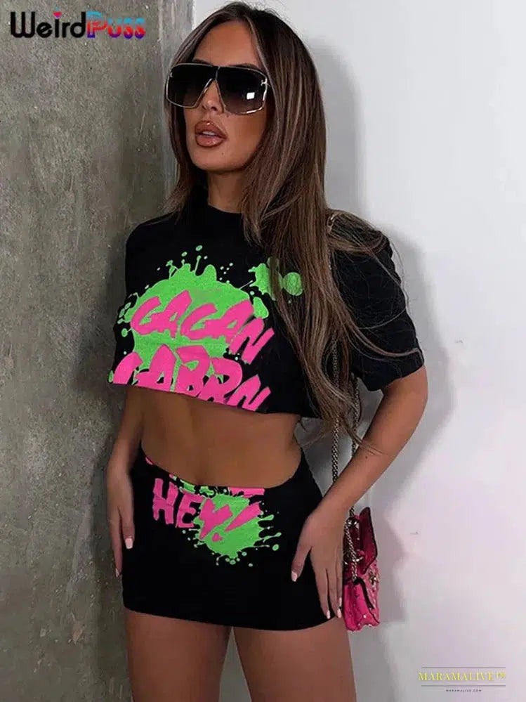 Vibrant Graffiti Print Two-Piece Tracksuit - Short Sleeve Crop Top and Hipster Skirt Streetwear Matching Set