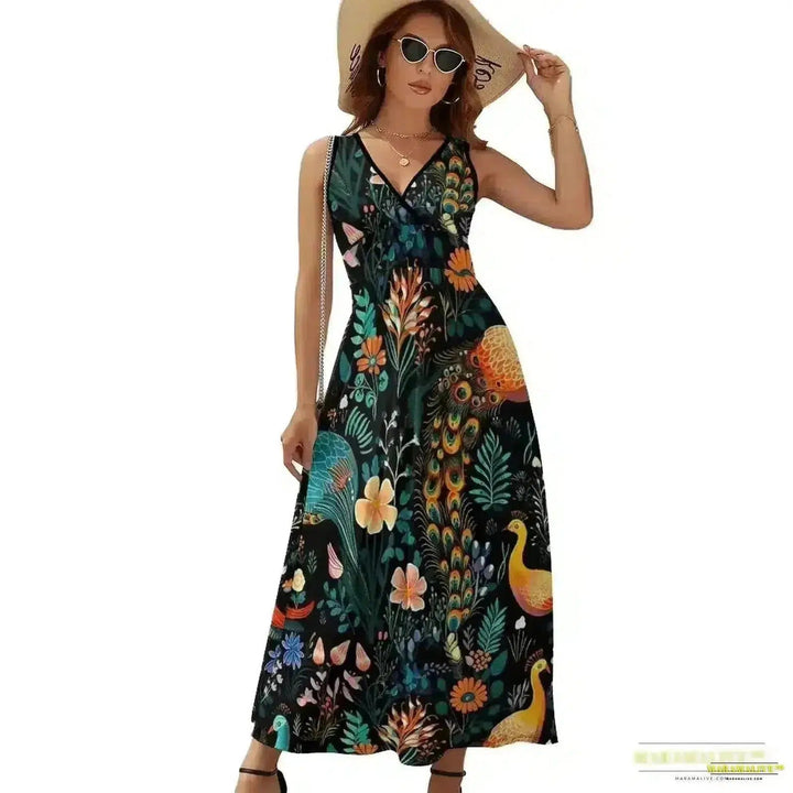 Vibrant Peacock Feather Dress - Boho Dress - Stunning Streetwear Printed Oversize Vestido