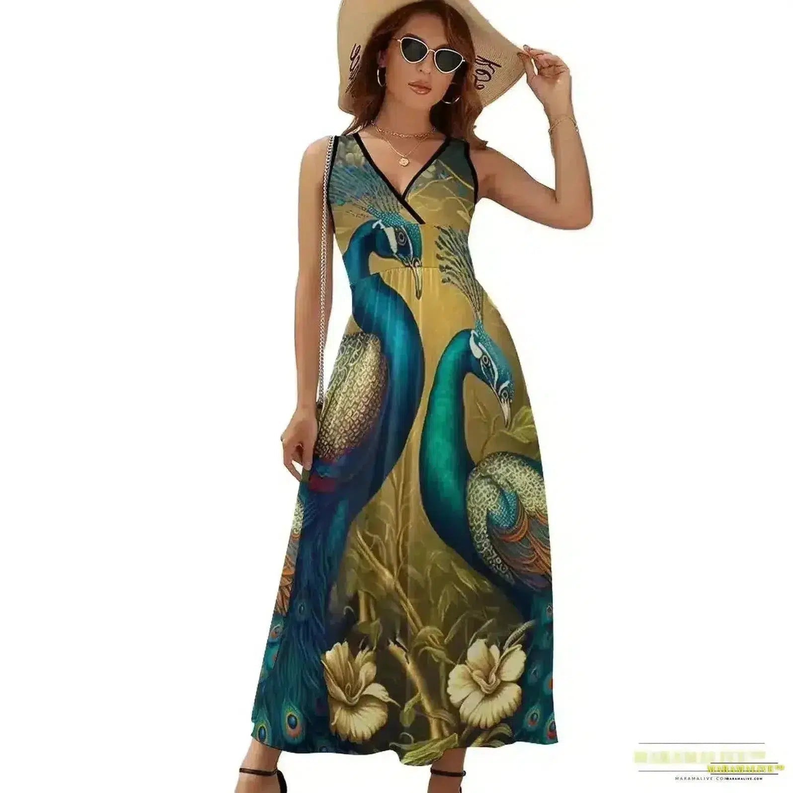 Vibrant Peacock Feather Dress - Boho Dress - Stunning Streetwear Printed Oversize Vestido