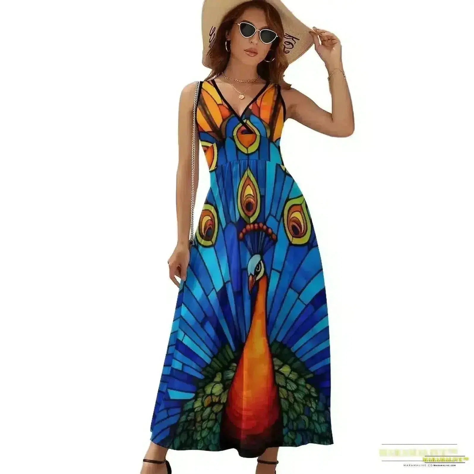 Vibrant Peacock Feather Dress - Boho Dress - Stunning Streetwear Printed Oversize Vestido