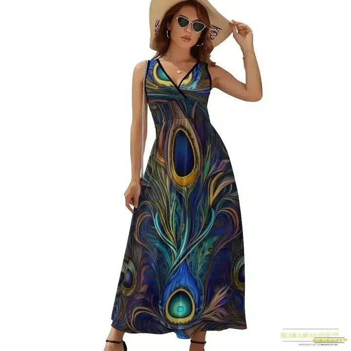 Vibrant Peacock Feather Dress - Boho Dress - Stunning Streetwear Printed Oversize Vestido