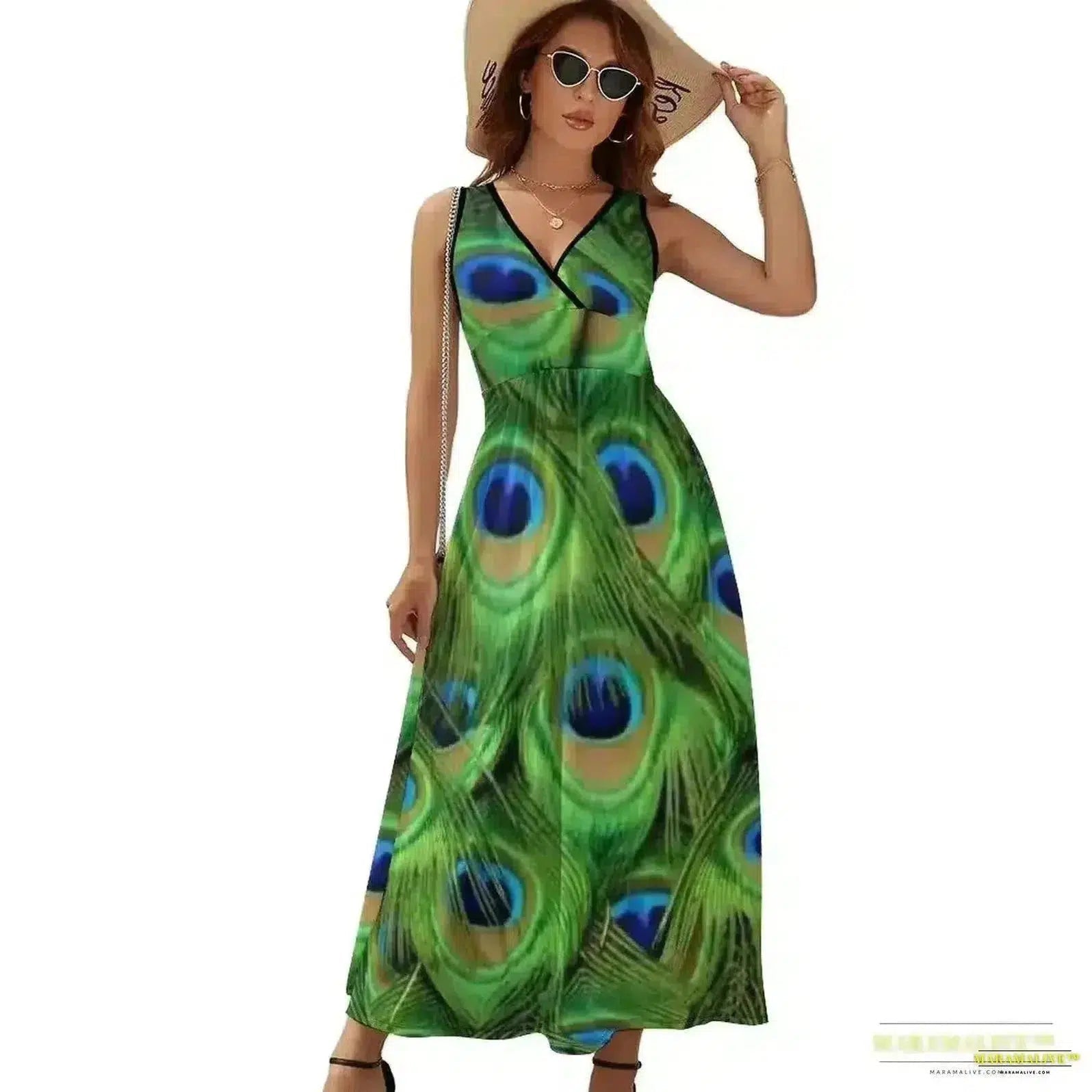 Vibrant Peacock Feather Dress - Boho Dress - Stunning Streetwear Printed Oversize Vestido