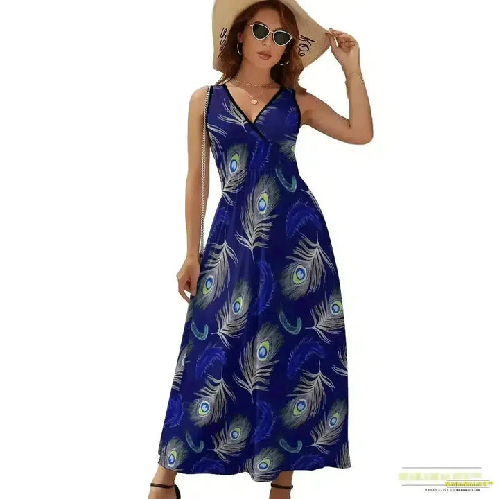 Vibrant Peacock Feather Dress - Boho Dress - Stunning Streetwear Printed Oversize Vestido