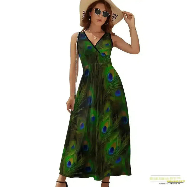 Vibrant Peacock Feather Dress - Boho Dress - Stunning Streetwear Printed Oversize Vestido