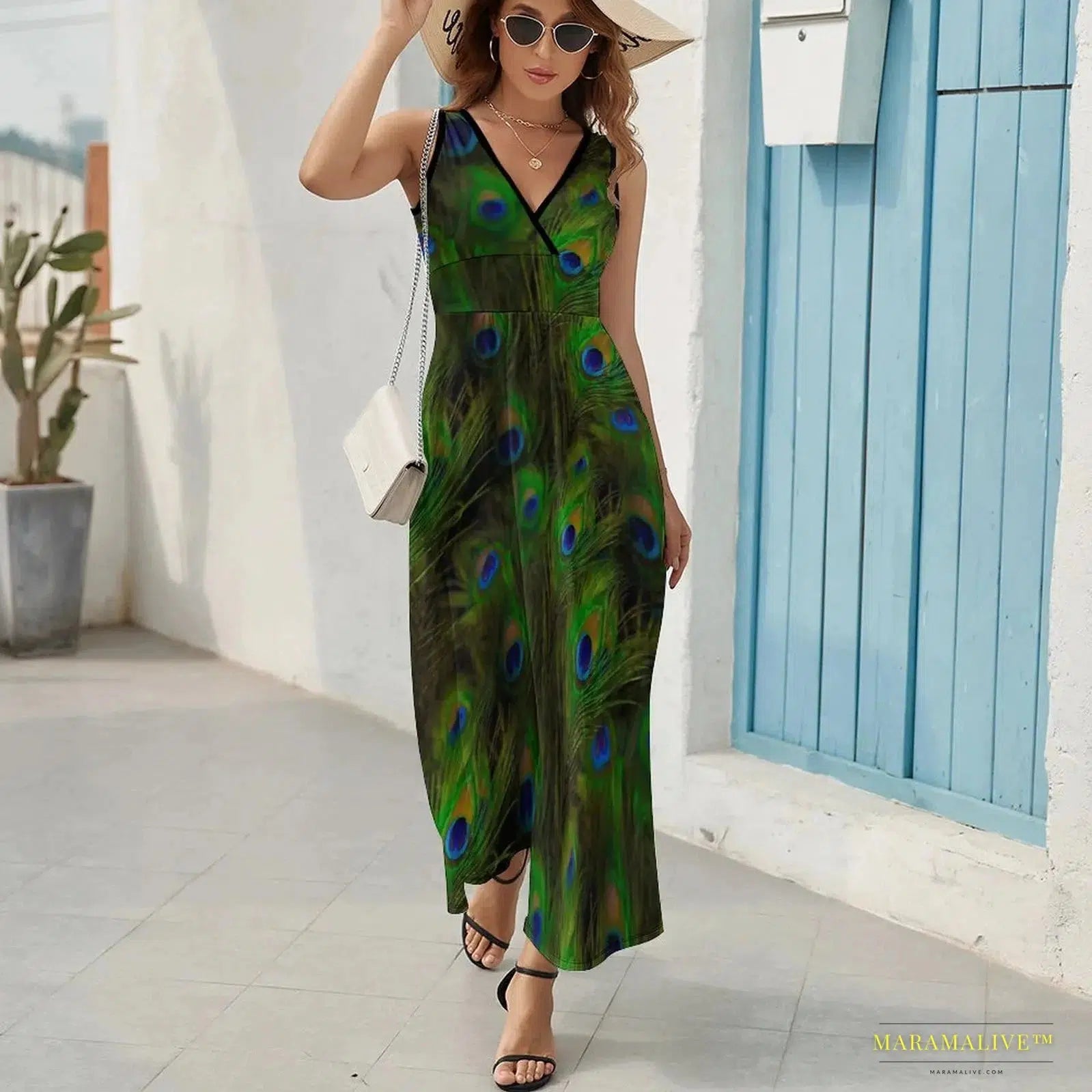 Vibrant Peacock Feather Dress - Boho Maxi Dress - Stunning Streetwear Printed Oversize Vestido