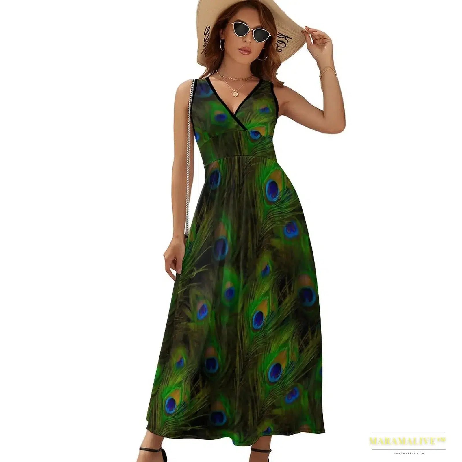 Vibrant Peacock Feather Dress - Boho Maxi Dress - Stunning Streetwear Printed Oversize Vestido