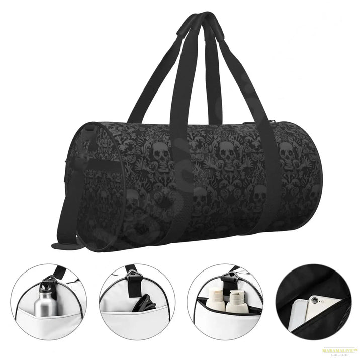 Victorian Gothic Black Skull Sport Gym Duffle Travel Bag with Shoe Compartment Wet Pocket for Men and Women