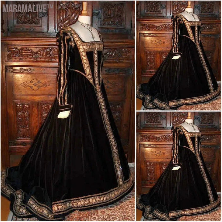 Victorian Gothic Civil War Southern Evening Dresses Ivory Black Gold applique Long Sleeve Velvet Halloween Theater Edwardian Prom Gown