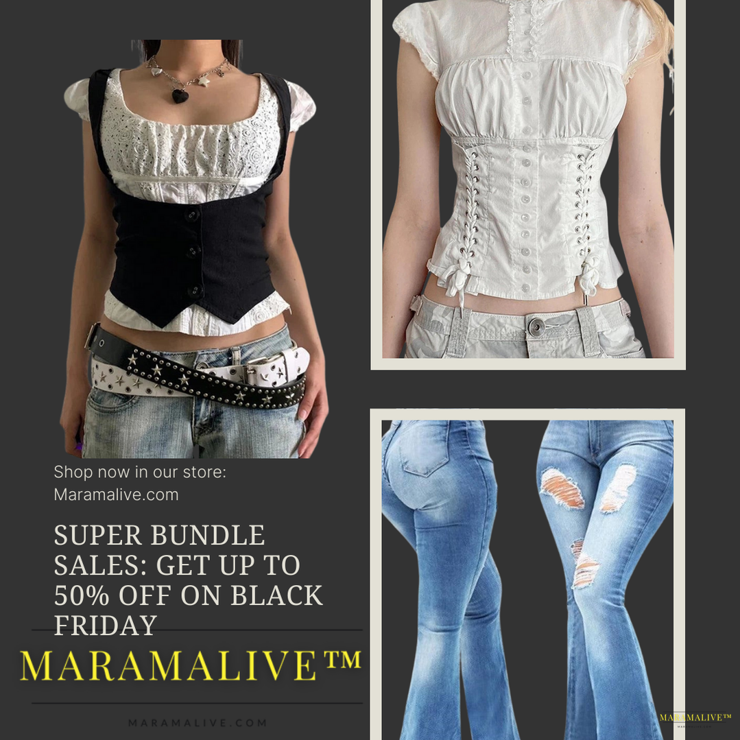 Victorian Gothic Lace Corset Top & Unique Fringed Denim Jeans Bundle - A Statement in Luxurious Fashion