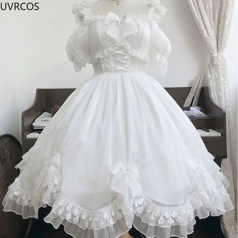 Victorian Gothic Lolita Dress Women Black White Elegant Backless Fairy Dresses Girly Kawaii Sweet Cosplay Mini Vestidos