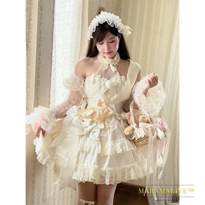 Victorian Gothic Lolita Dress Women Y2k Lace Bow Rose Flower Princess Dresses Elegant Wedding Party Mini Dress