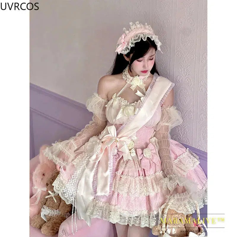 Victorian Gothic Lolita Dress Women Y2k Lace Bow Rose Flower Princess Dresses Elegant Wedding Party Mini Dress