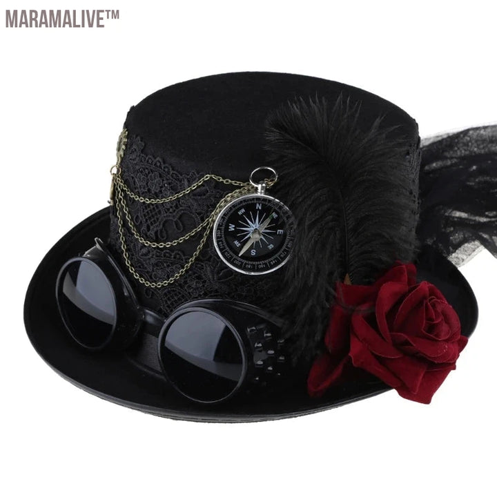 Victorian Steampunk Top Hat with Lace Flower Feather Decor Hat for Women