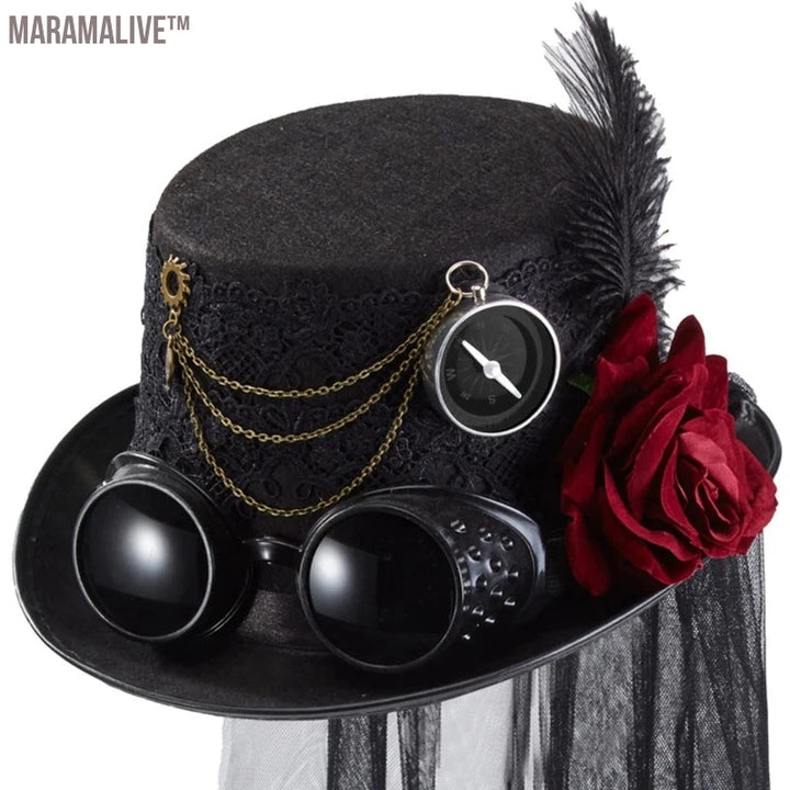 Victorian Steampunk Top Hat with Lace Flower Feather Decor Hat for Women