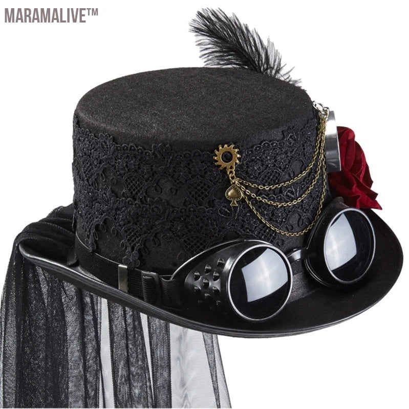 Victorian Steampunk Top Hat with Lace Flower Feather Decor Hat for Women