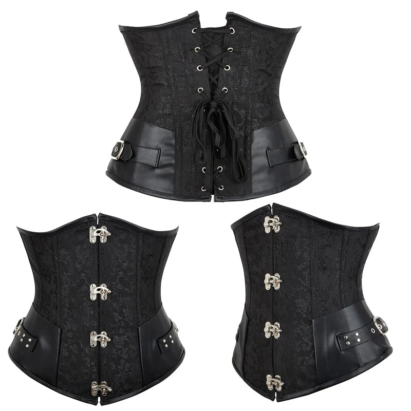 Victorian Steampunk Women's Underbust Waist Cincher - Spiral Steel Boned Corset Waist Trainer with Claps - Gothic-Styled Brown Black Vintage Appeal