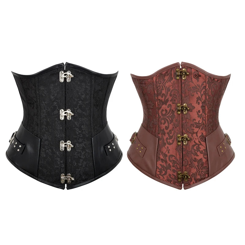 Victorian Steampunk Women's Underbust Waist Cincher - Spiral Steel Boned Corset Waist Trainer with Claps - Gothic-Styled Brown Black Vintage Appeal