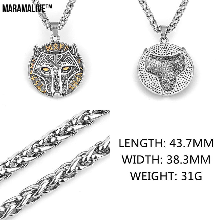 Viking Golden Wolf Head Aoding Rune Titanium Steel Pendant For Men