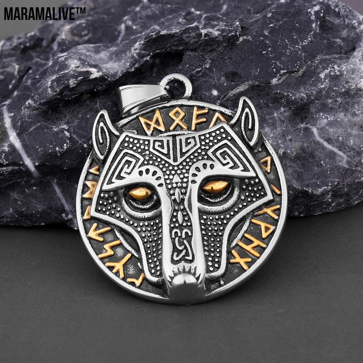 Viking Golden Wolf Head Aoding Rune Titanium Steel Pendant For Men