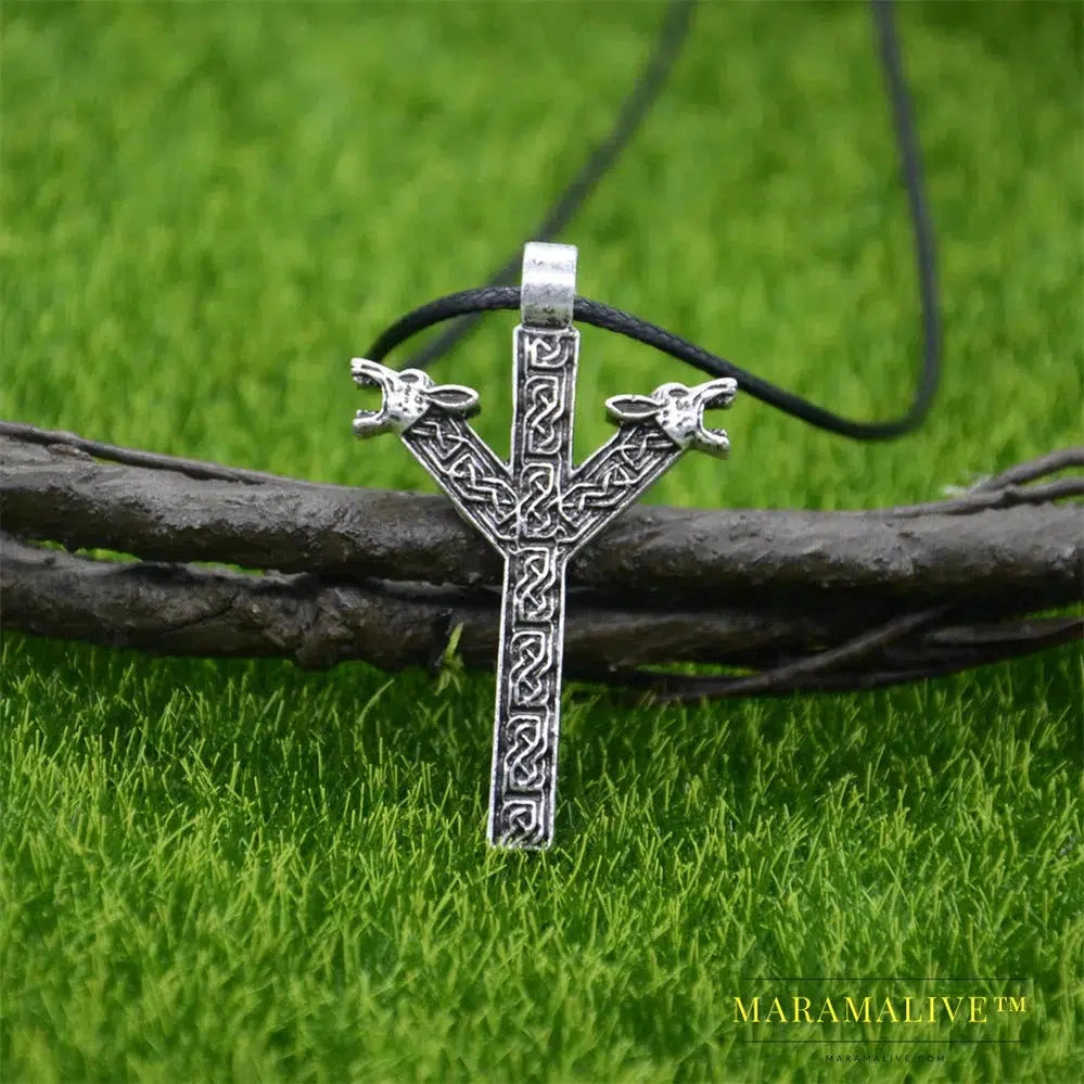 Viking Wolf Amulet Runic Rune Fehu Norse Talisman Irish Knots Jewelry Goth Men Necklace